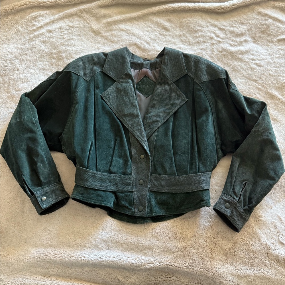 Vintage green genuine suede leather jacket with shoulder pads 80s M